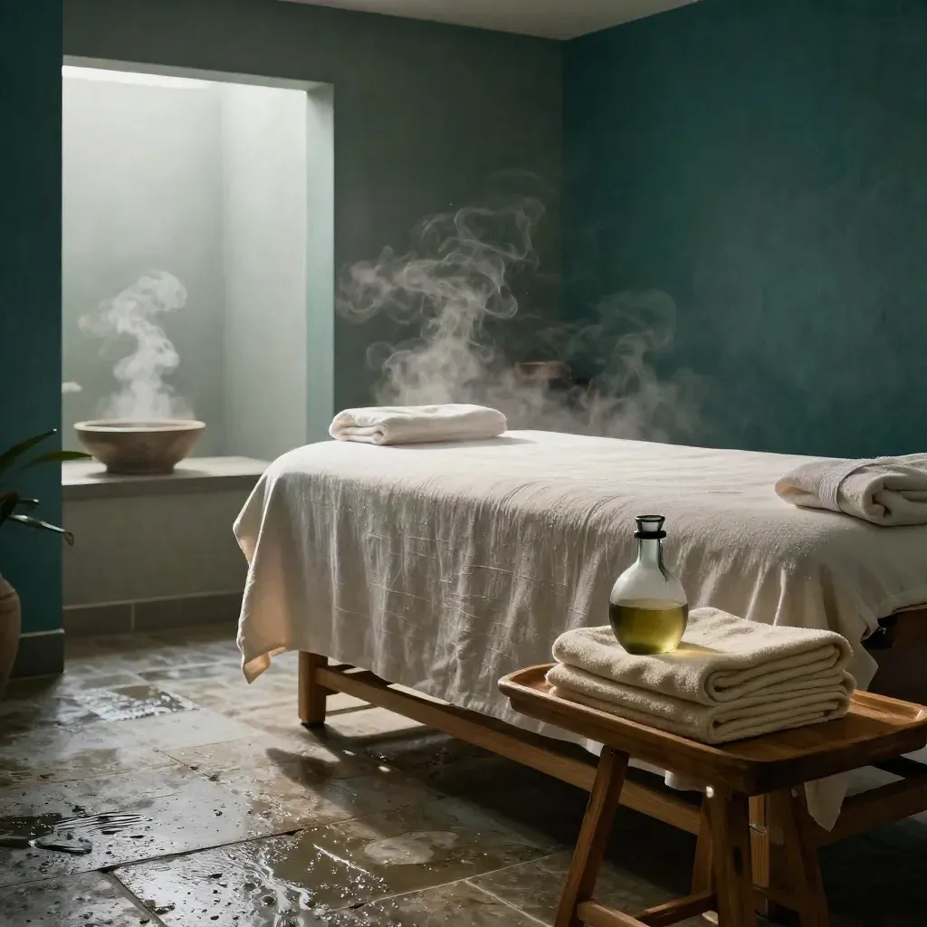 Suite spa con lettino in pietra calda, vapore e asciugamani in lino all’alba.