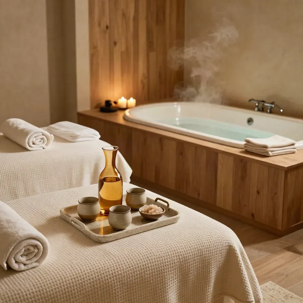 Suite spa per due con letti gemelli, candele, vassoio e vasca d’angolo illuminata.