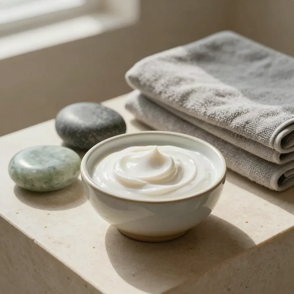 Postazione viso con ciotola ceramica, pietre fredde, asciugamani e tessuto salvia in spa.