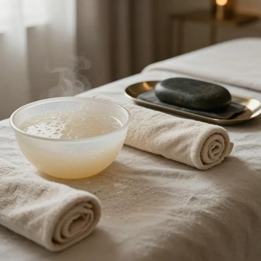 Trattamento corpo con gel rinfrescante, asciugamani arrotolati e cuscino per le gambe in un centro spa.
