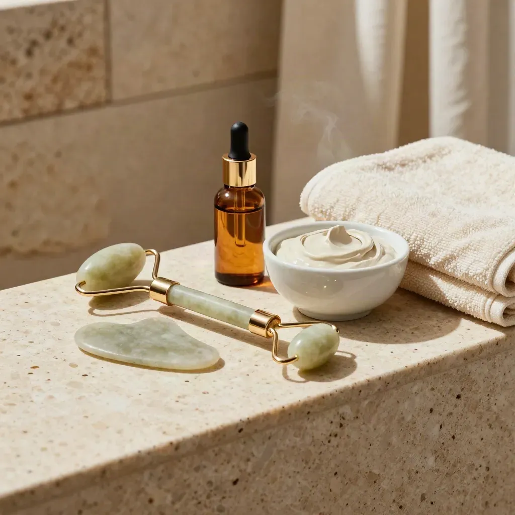 Kit olistico con roller in giada, gua sha, argilla e olio su travertino.