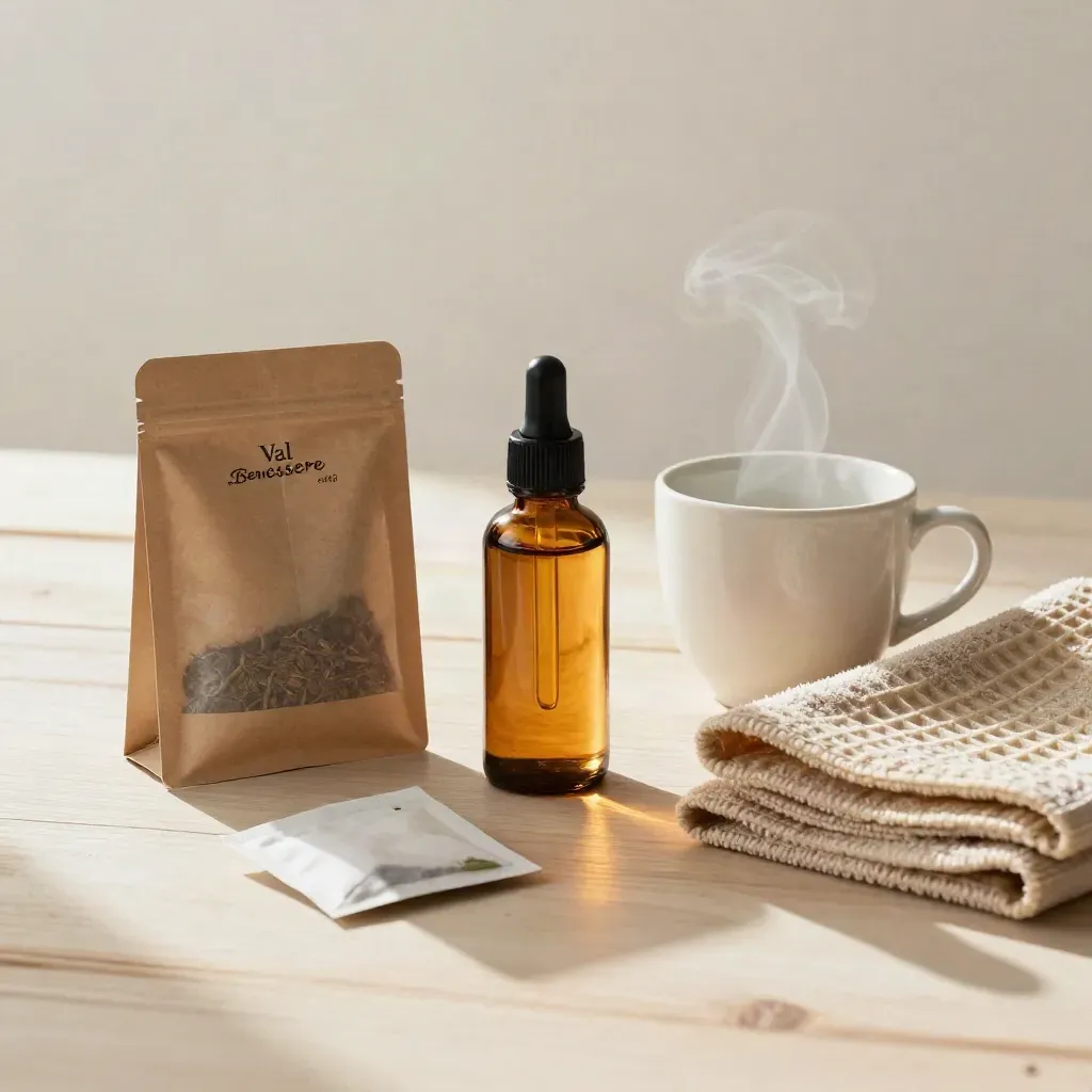 Set aftercare con tè alle erbe, olio d’ambra, tazza in ceramica e asciugamano piegato su legno chiaro.