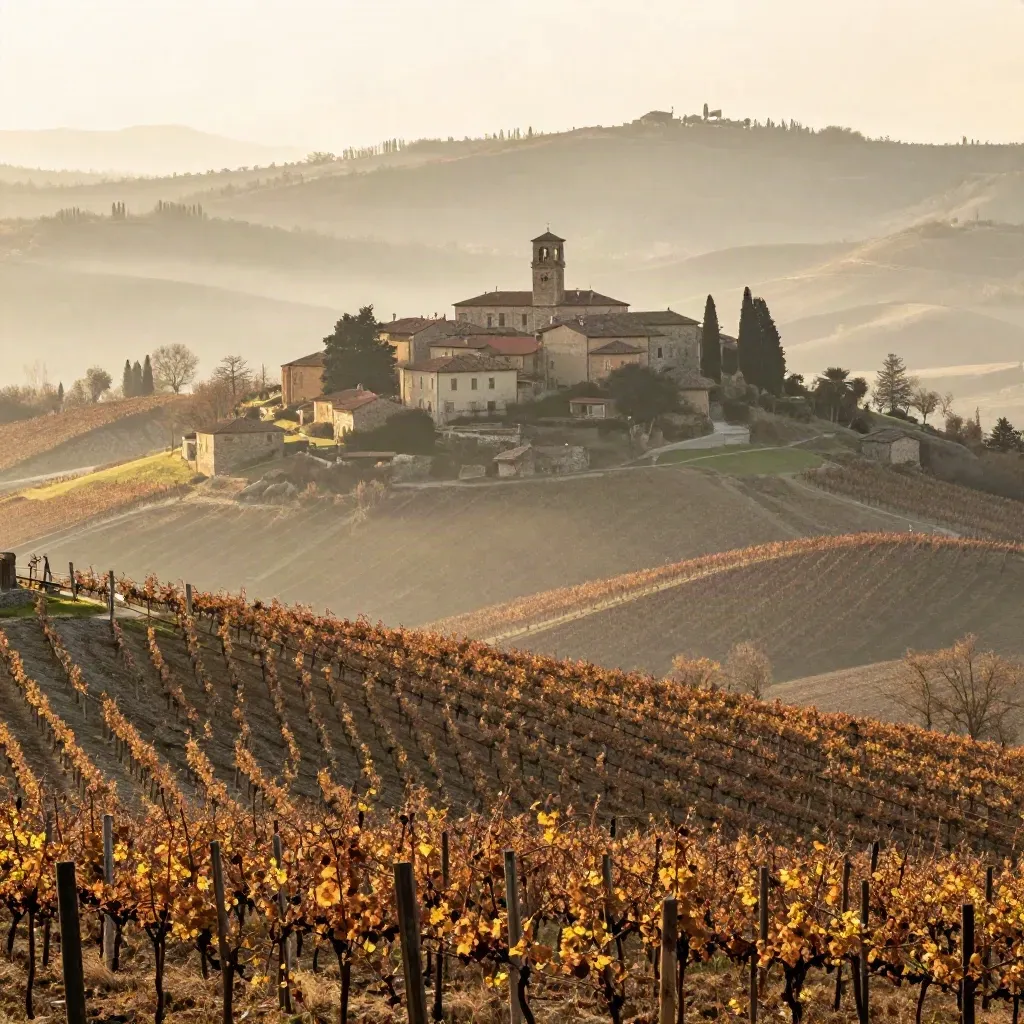 Colline delle Langhe con vigneti e borgo in cima, luce calda e nebbia soffusa.