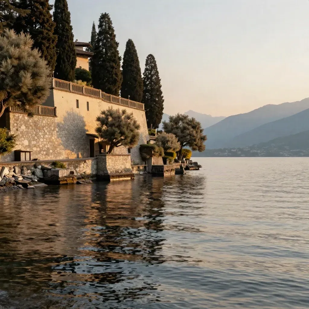 Lago di Como al tramonto con terrazze in pietra, cipressi e acqua calma