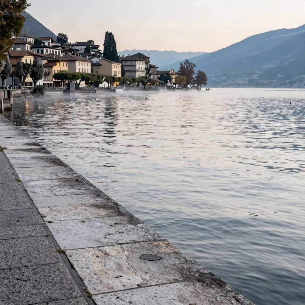 Riva in pietra di Lugano al crepuscolo, lago calmo e cittadina lontana nella foschia.